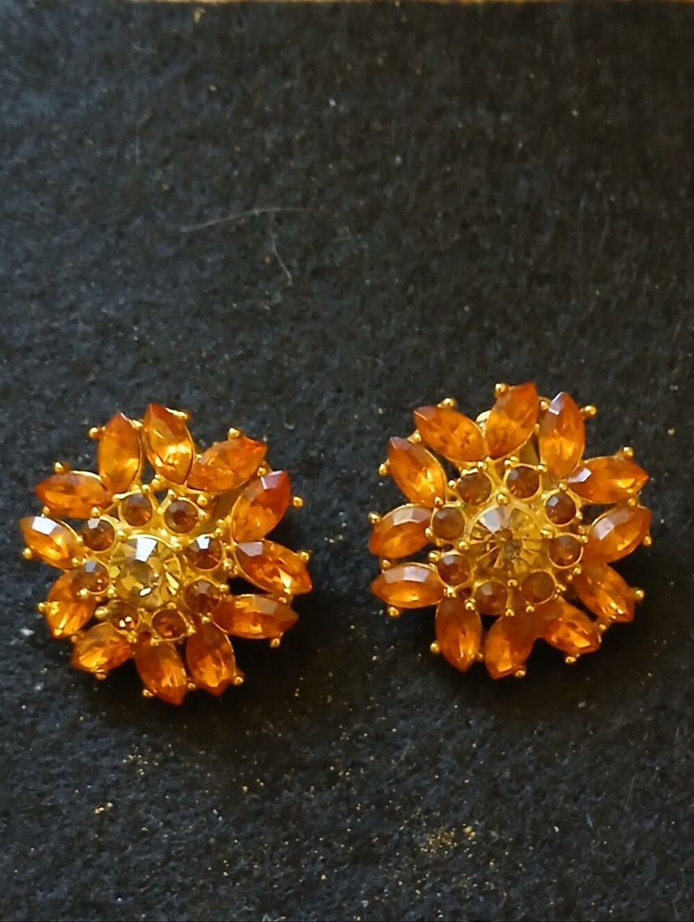 Gold-Tone Vintage Orange Crystal Floral Clip-On Earrings